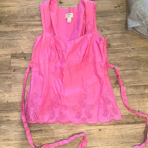 Ann Taylor Loft Pink Babydoll Top Lace Detail Tie Back Sz 6P Spring - Picture 1 of 5